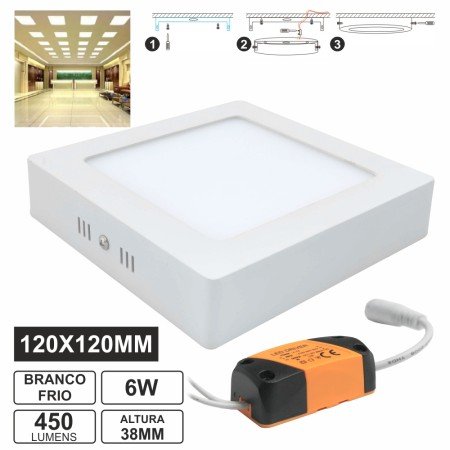 Painel Leds Quadrado Superficie 6W 120Mm Branco Frio 450Lm