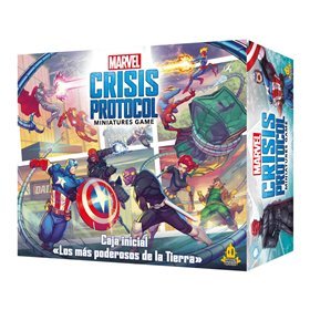 Caixa inicial do jogo de tabuleiro do protocolo de crise da Marvel, o mais poderoso do planeta, idade recomendada de 14 anos