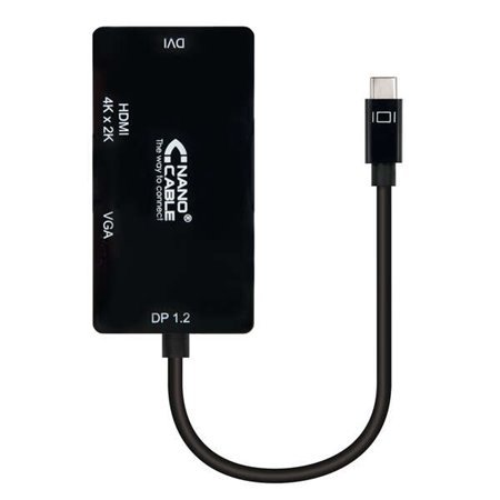 Conversor Nanocable USB-C para SVGA / DVI / HDMI - 3 em 1. USB-C/M-VGA/H-DVI/H-HDMI/H 4K - 10 cm - Cor Preta