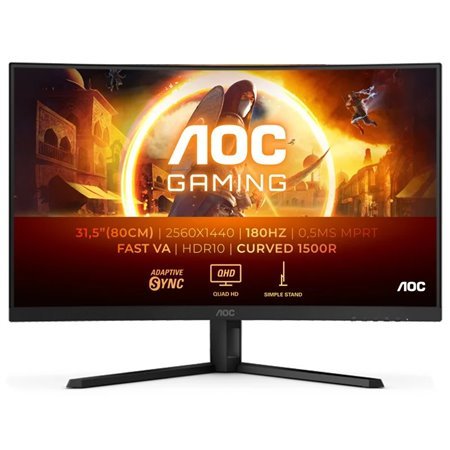 Monitor AOC G4 31,5" Curvo 1500R LED Fast VA QHD 180Hz HDR10 - Resposta de 1ms - Ângulo de visão de 178° - HDMI, DisplayPort, Áu