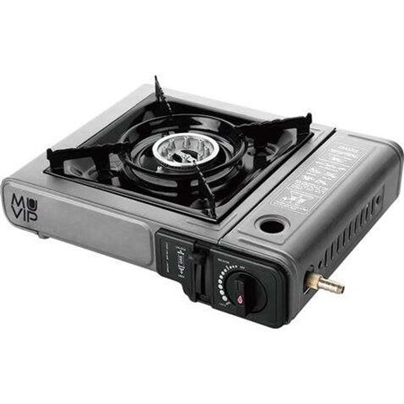 Fogão a gás portátil Muvip 1 queimador com adaptador de garrafa externa - Ignição automática - Queimador de alumínio - Válvula d