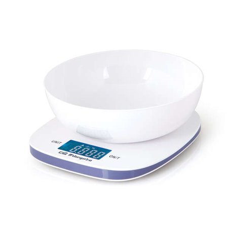 Peso eletrônico da cozinha Orbegozo PC 1014 - Precisão 1g - Plataforma de vidro - Display LCD azul - Capacidade 5Kg - Inclui TAÇ