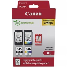 Canon PG545XL Preto + CL546XL Colorido Pack de 2 Tinteiros Originais + 50 Folhas de Papel Fotográfico - 8286B011/8286B006