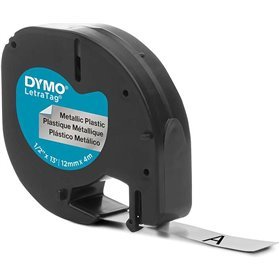 Etiquetas original Dymo LetraTag S0721730 para etiquetadora - Texto preto em fundo metálico - Largura 12 mm x 4 metros (91208)