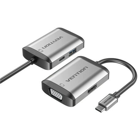 Conversor Vention TFAHB/ 1xUSB/ 1xHDMI/ 1xVGA/ 1xUSB-C PD/ 15cm/ Cinza