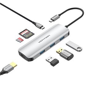 Docking USB-C Vention TOJHB/ 1xHDMI/ 3xUSB/ 1xUSB-C/ 1xLeitor de Cartões/ Cinza