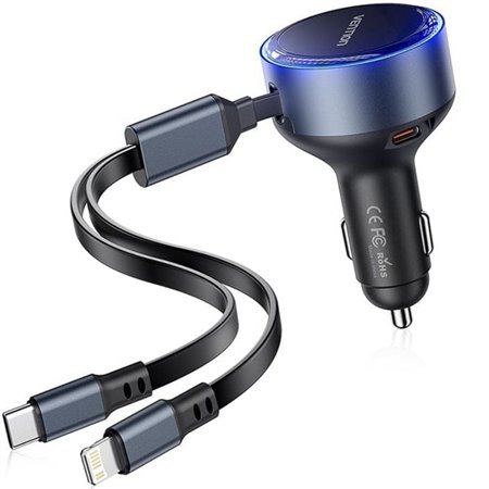 Carregador de Carro Vention FFOB0/ 1xUSB-C Macho/ 1xUSB-C Fêmea/ 1xLightning Macho/ 30W