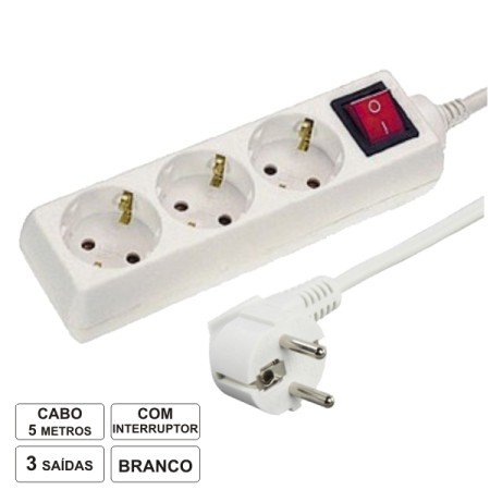 Tomada Elétrica C/ 3 Saídas Interruptor 5M