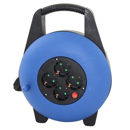 Tira de extensão enrolador de cabo 4 soquetes - 15m - 16a - 250v - 3x1,5mm - cor azul