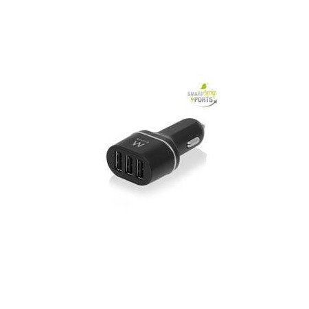 carregador de carro ewent usb - 3 portas - 24w - smart ic - preto