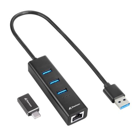 Sharkoon USB Hub 3X3.2 Gen 1 + RJ45 Preto Alumínio