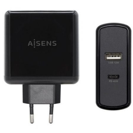 Carregador de parede Aisens ASCH-2PD45A-BK/ 1xUSB Tipo-C/ 1x USB/ 57W
