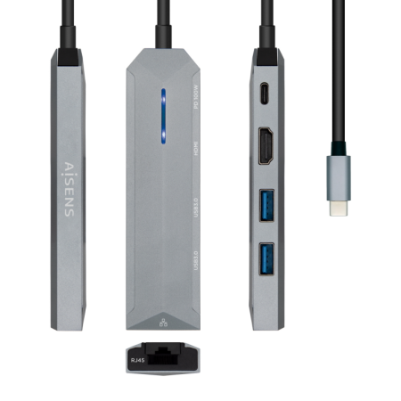 Aisens USB-C Dock 5 Em 1 USB-C para 1Xhdmi 1Xrj45 2Xusb 1Xpd Cinzento 15Cm