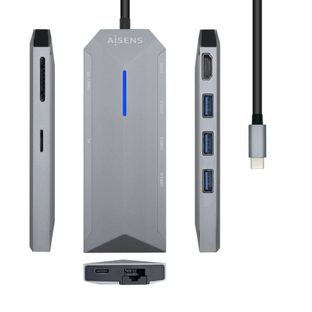 Aisens USB-C Dock 8 Em 1 USB-C para 1Xhdmi 1Xrj45 3Xusb 1Xpd 1Xsd 1Xmicro SD 15Cm