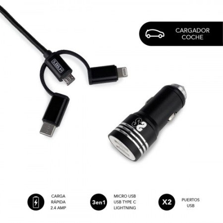 Carregador de carro SUBBLIM 2xUSB Dual Car Charger Alum 2.4A + 3 em 1 cabo preto