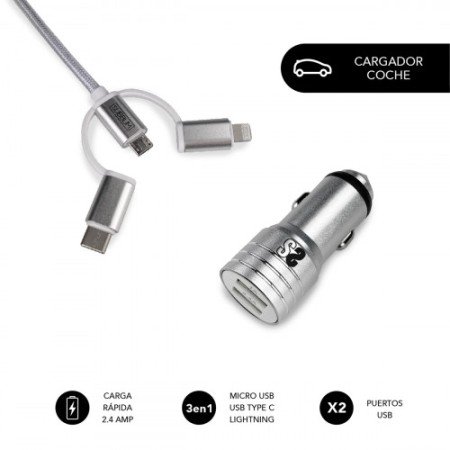 Carregador de carro SUBBLIM 2xUSB Dual Car Charger Alum 2.4A + 3 em 1 cabo prata
